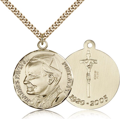 Pope John Paul II Medal, Gold Filled - 24" 2.4mm Gold Plated Endless Chain