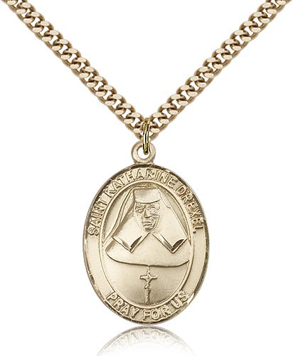 St. Katharine Drexel Medal, Gold Filled, Large - 24" 2.4mm Gold Plated Chain + Clasp
