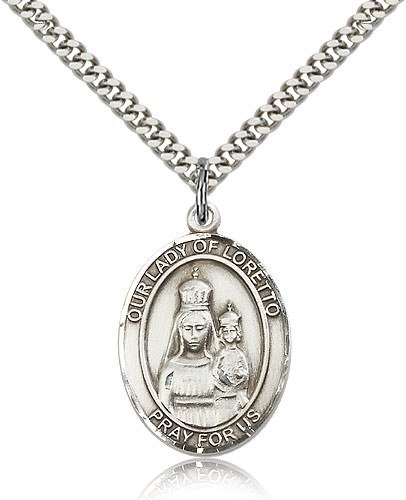 Our Lady of Loretto Medal, Sterling Silver, Large - 24" 2.4mm Rhodium Plate Chain + Clasp