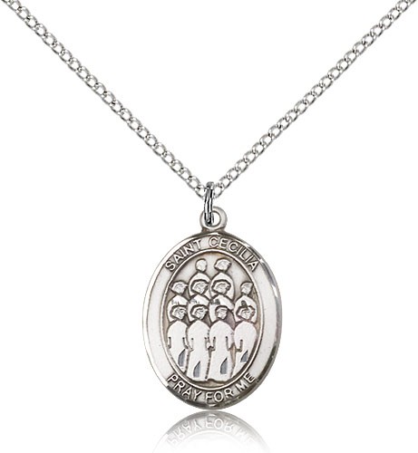 St. Cecilia Choir Medal, Sterling Silver, Medium - 18" 1.2mm Sterling Silver Chain + Clasp