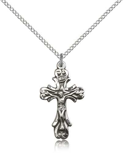 Crucifix Pendant, Sterling Silver - 18" 1.2mm Sterling Silver Chain + Clasp