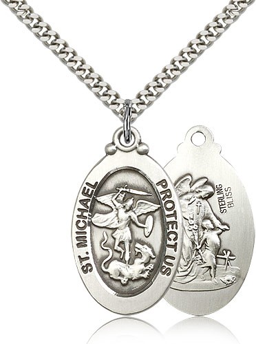 St. Michael the Archangel Medal, Sterling Silver - 24" 2.4mm Rhodium Plate Endless Chain