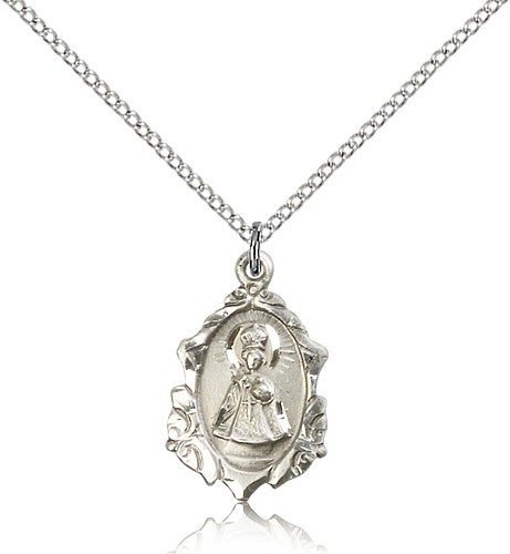 Infant of Prague Medal, Sterling Silver - 18" 1.2mm Sterling Silver Chain + Clasp