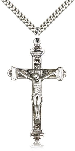 Men's Crucifix Pendant Antique Silver Accents Cross Bar Edges - 24" 2.4mm Rhodium Plate Endless Chain