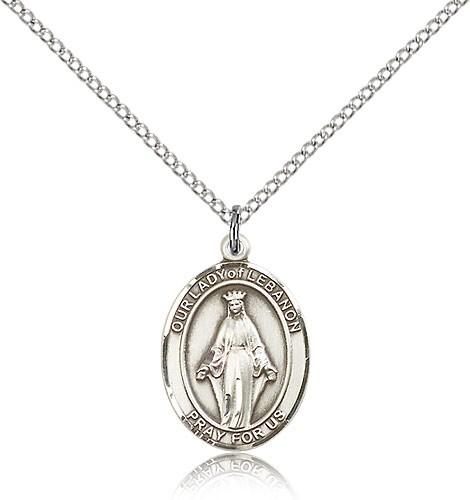 Our Lady of Lebanon Medal, Sterling Silver, Medium - 18" 1.2mm Sterling Silver Chain + Clasp