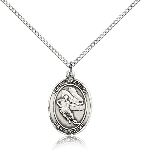 St. Sebastian Hockey Medal, Sterling Silver, Medium - 18" 1.2mm Sterling Silver Chain + Clasp