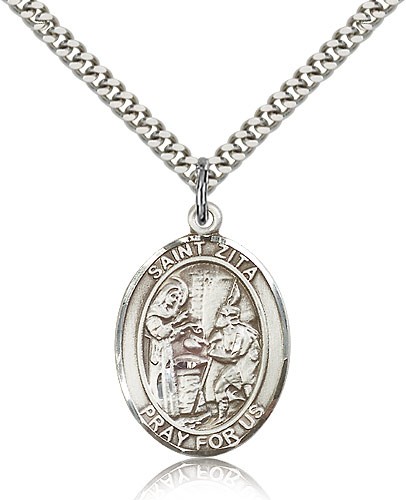 St. Zita Medal, Sterling Silver, Large - 24" 2.4mm Rhodium Plate Chain + Clasp