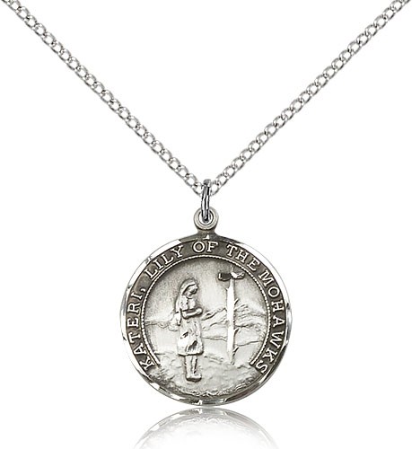 St. Kateri Medal, Sterling Silver - 18" 1.2mm Sterling Silver Chain + Clasp