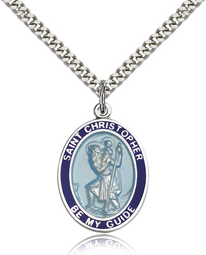 St. Christopher Medal, Sterling Silver, Large - 24" 2.4mm Rhodium Plate Chain + Clasp