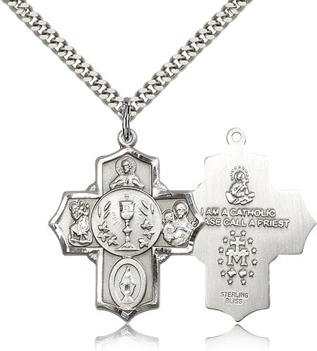 5 Way Cross Pendant, Sterling Silver - 24" 2.4mm Rhodium Plate Endless Chain