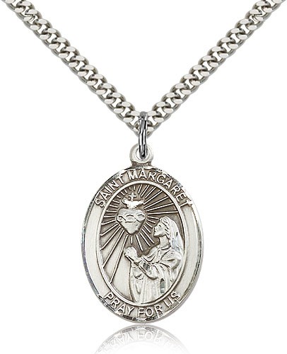 St. Margaret Mary Alacoque Medal, Sterling Silver, Large - 24" 2.4mm Rhodium Plate Chain + Clasp