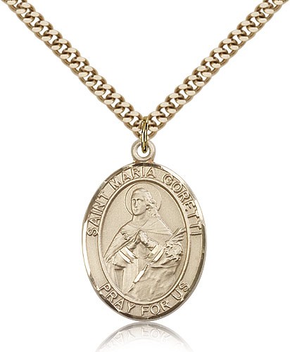 St. Maria Goretti Medal, Gold Filled, Large - 24" 2.4mm Gold Plated Chain + Clasp