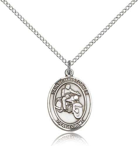 St. Christopher Motorcycle Medal, Sterling Silver, Medium - 18" 1.2mm Sterling Silver Chain + Clasp