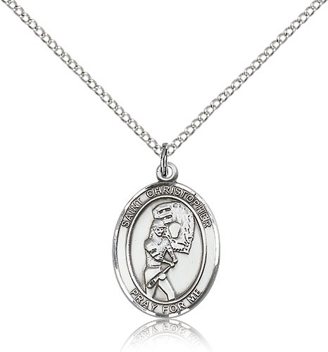 St. Christopher Softball Medal, Sterling Silver, Medium - 18" 1.2mm Sterling Silver Chain + Clasp