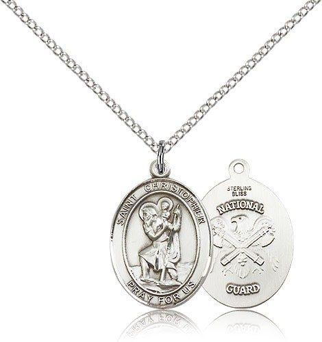 St. Christopher National Guard Medal, Sterling Silver, Medium - 18" 1.2mm Sterling Silver Chain + Clasp