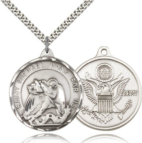 St. Michael Army Medal, Sterling Silver - 24" 2.4mm Rhodium Plate Endless Chain