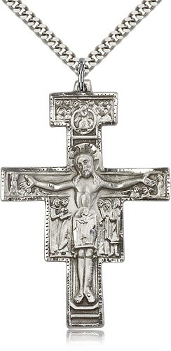 Large Sterling Silver San Damiano Crucifix Pendant - 24" 2.4mm Rhodium Plate Endless Chain