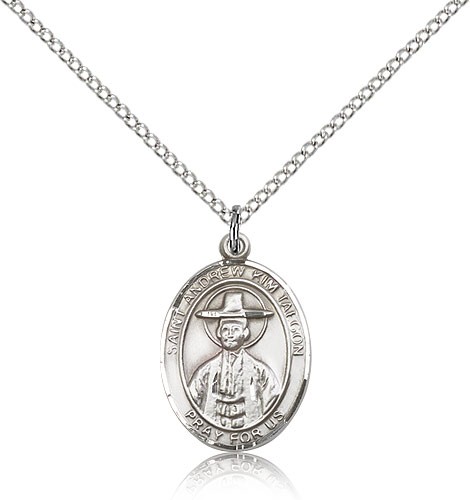 St. Andrew Kim Taegon Medal, Sterling Silver, Medium - 18" 1.2mm Sterling Silver Chain + Clasp