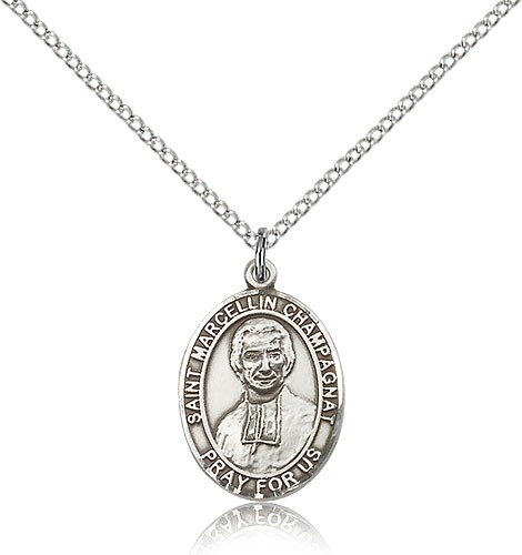 St. Marcellin Champagnat Medal, Sterling Silver, Medium - 18" 1.2mm Sterling Silver Chain + Clasp
