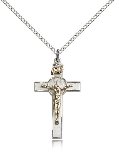 St. Benedict Crucifix Pendant, Two-Tone - 18" 1.2mm Sterling Silver Chain + Clasp