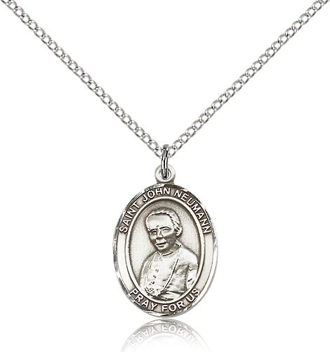 St. John Neumann Medal, Sterling Silver, Medium - 18" 1.2mm Sterling Silver Chain + Clasp