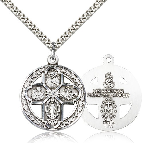 4 Way Cross Pendant, Sterling Silver - 24" 2.4mm Rhodium Plate Endless Chain