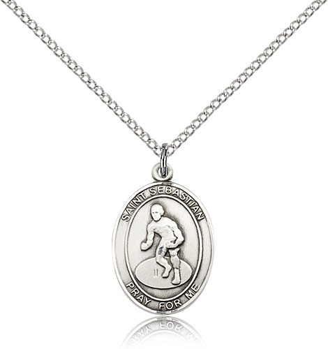 St. Sebastian Wrestling Medal, Sterling Silver, Medium - 18" 1.2mm Sterling Silver Chain + Clasp