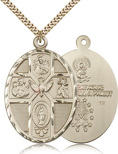 5 Way Cross Holy Spirit Medal, Gold Filled - 24" 2.4mm Gold Plated Endless Chain