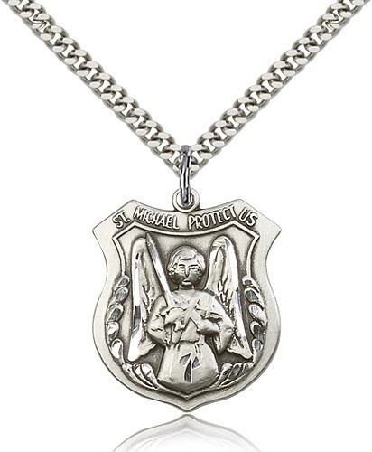 St. Michael the Archangel Medal, Sterling Silver - 24" 2.4mm Rhodium Plate Endless Chain