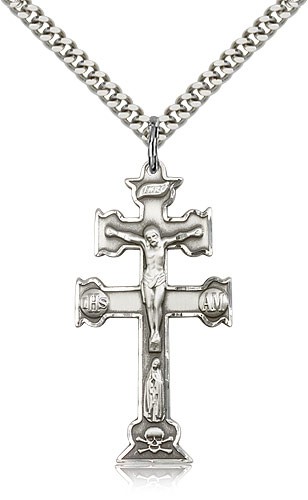 Caravaca Crucifix Pendant, Sterling Silver - 24" 2.4mm Rhodium Plate Endless Chain