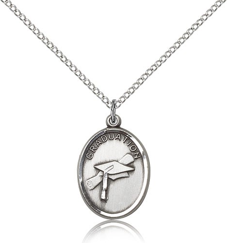 Graduation Medal, Sterling Silver - 18" 1.2mm Sterling Silver Chain + Clasp
