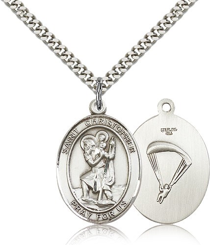 St. Christopher Paratrooper Medal, Sterling Silver, Large - 24" 2.4mm Rhodium Plate Chain + Clasp