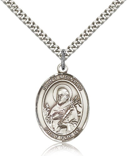 St. Meinrad of Einsideln Medal, Sterling Silver, Large - 24" 2.4mm Rhodium Plate Chain + Clasp