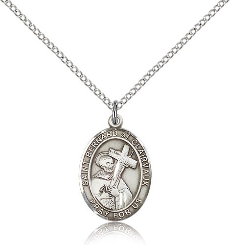 St. Bernard of Clairvaux Medal, Sterling Silver, Medium - 18" 1.2mm Sterling Silver Chain + Clasp