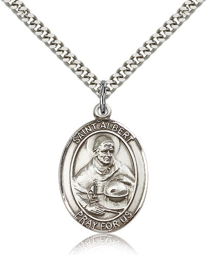 St. Albert the Great Medal, Sterling Silver, Large - 24" 2.4mm Rhodium Plate Chain + Clasp