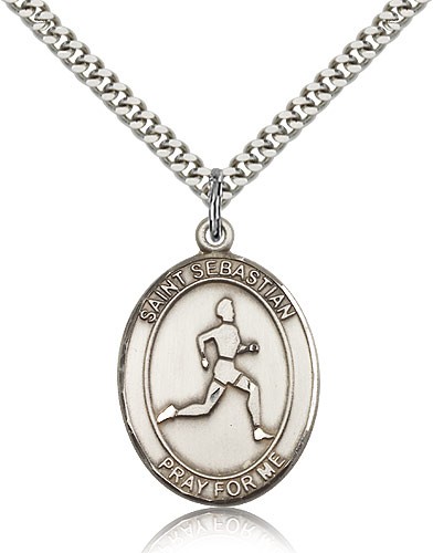 St. Sebastian Track and Field Medal, Sterling Silver, Large - 24" 2.4mm Rhodium Plate Chain + Clasp