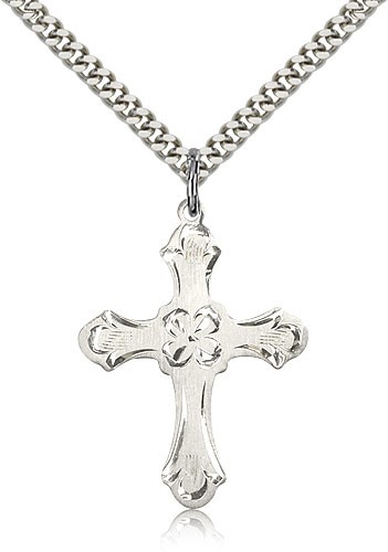 Cross Pendant, Sterling Silver - 24" 2.4mm Rhodium Plate Endless Chain