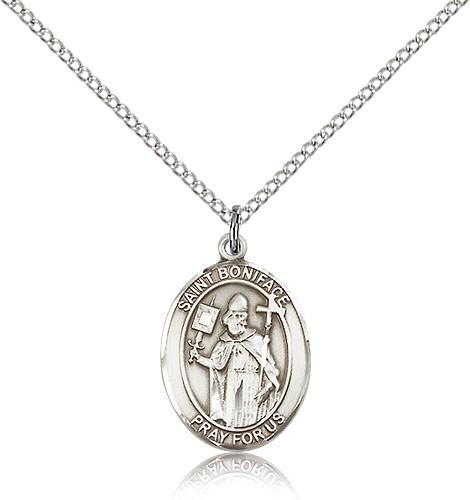 St. Boniface Medal, Sterling Silver, Medium - 18" 1.2mm Sterling Silver Chain + Clasp
