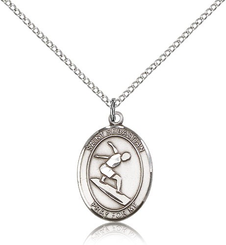 St. Sebastian Surfing Medal, Sterling Silver, Medium - 18" 1.2mm Sterling Silver Chain + Clasp