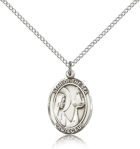 Our Lady Star of the Sea Medal, Sterling Silver, Medium - 18" 1.2mm Sterling Silver Chain + Clasp