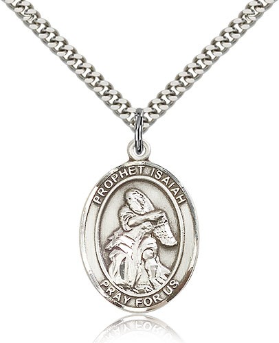 St. Isaiah Medal, Sterling Silver, Large - 24" 2.4mm Rhodium Plate Chain + Clasp
