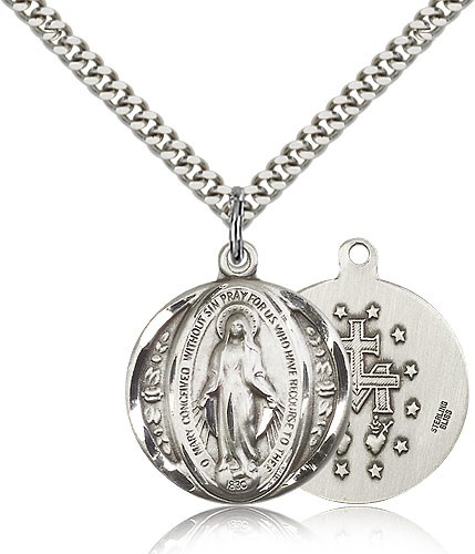 Miraculous Medal, Sterling Silver - 24" 2.4mm Rhodium Plate Endless Chain