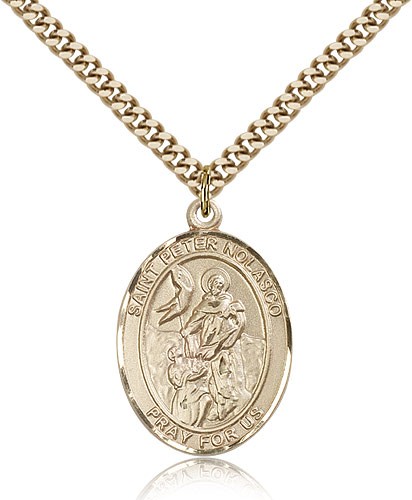 St. Peter Nolasco Medal, Gold Filled, Large - 24" 2.4mm Gold Plated Chain + Clasp
