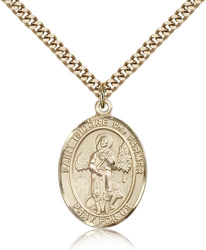 St. Isidore the Farmer Medal, Gold Filled, Large - 24" 2.4mm Gold Plated Chain + Clasp