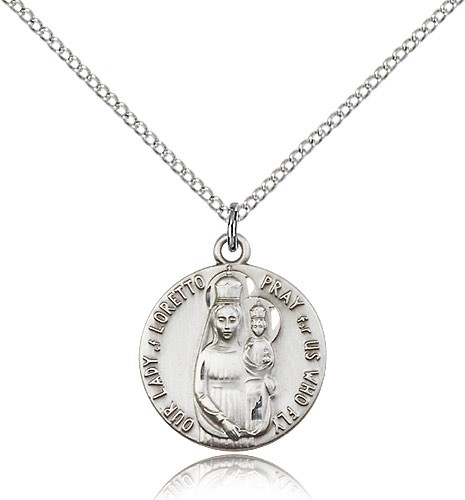 Our Lady of Loretto Medal, Sterling Silver - 18" 1.2mm Sterling Silver Chain + Clasp