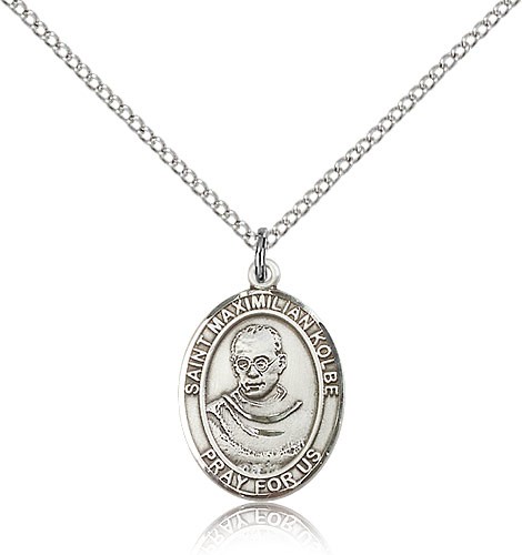 St. Maximilian Kolbe Medal, Sterling Silver, Medium - 18" 1.2mm Sterling Silver Chain + Clasp
