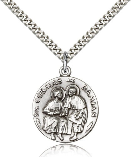 Sts. Cosmos and Damian Medal, Sterling Silver - 24" 2.4mm Rhodium Plate Endless Chain