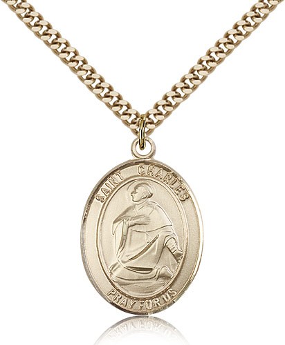 St. Charles Borromeo Medal, Gold Filled, Large - 24" 2.4mm Gold Plated Chain + Clasp