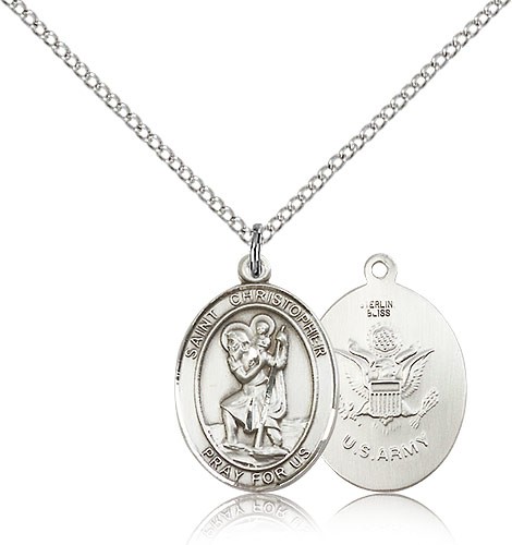 St. Christopher Army Medal, Sterling Silver, Medium - 18" 1.2mm Sterling Silver Chain + Clasp