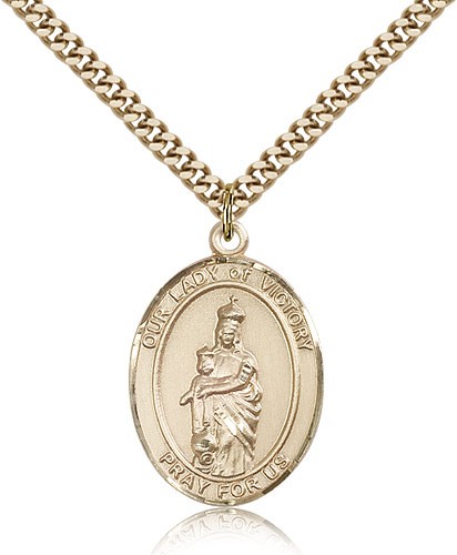 Our Lady of Victory Medal, Gold Filled, Large - 24" 2.4mm Gold Plated Chain + Clasp